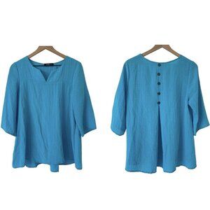Yushi Blue Lagenlook Tunic Top V Neck 3/4 Sleeve Boho Art Gauzy Button Blouse